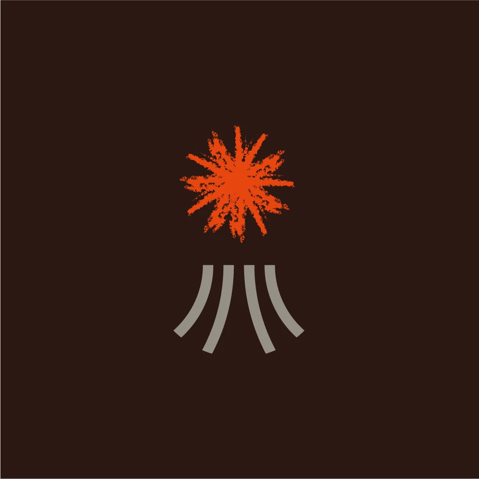 Simbolo Les Formidables in arancio lava e grigio pietra su fondo marrone terra