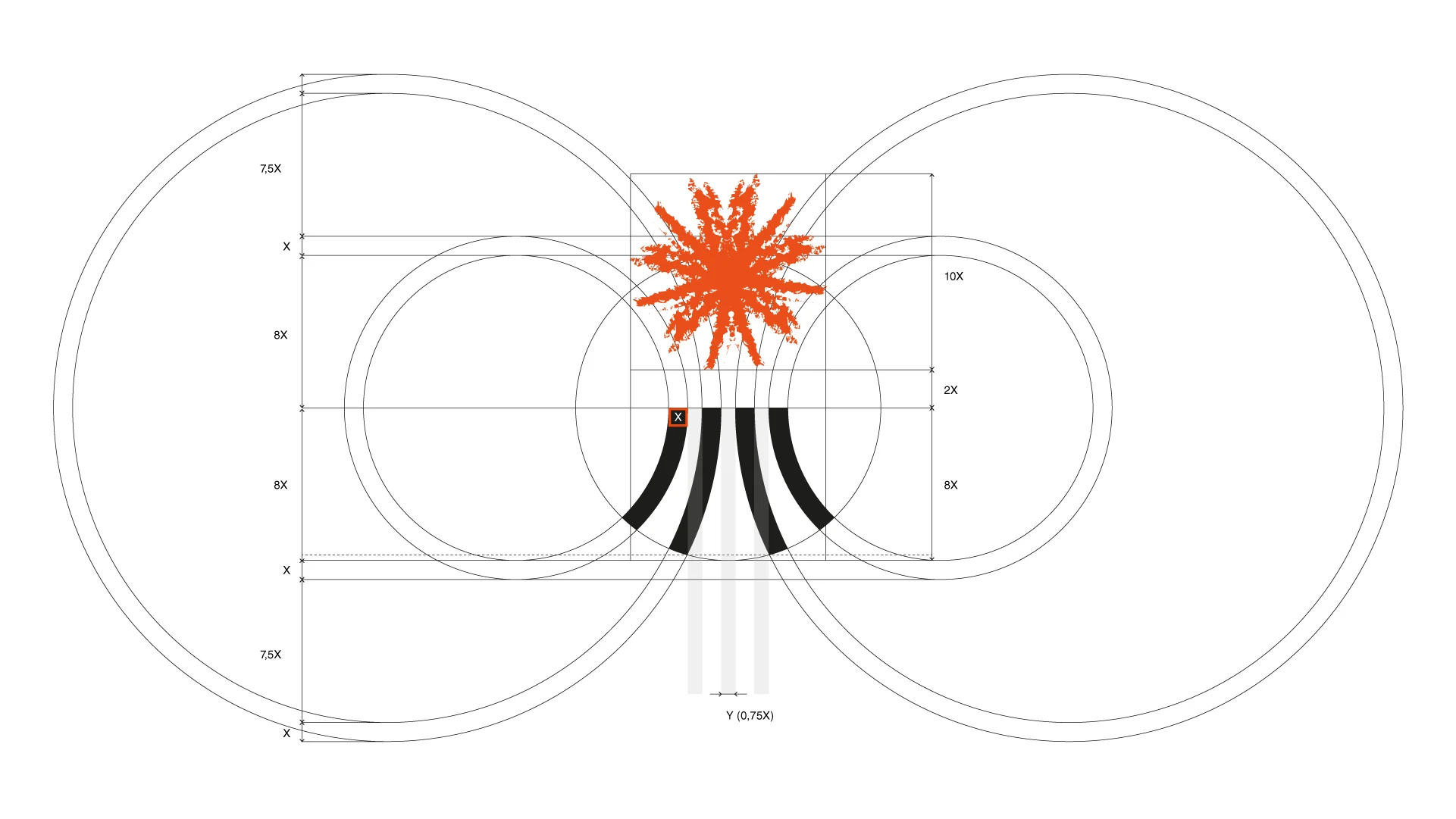 Costruzione geometrica del simbolo Les Formidables su griglia di circonferenze