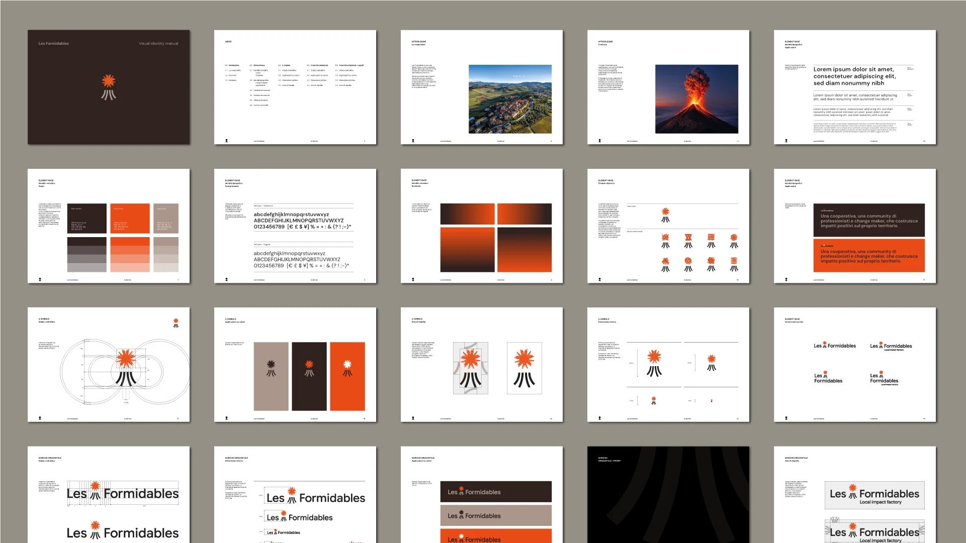 Pagine del manuale di brand guidelines Les Formidables con regole di costruzione, colore e utilizzo